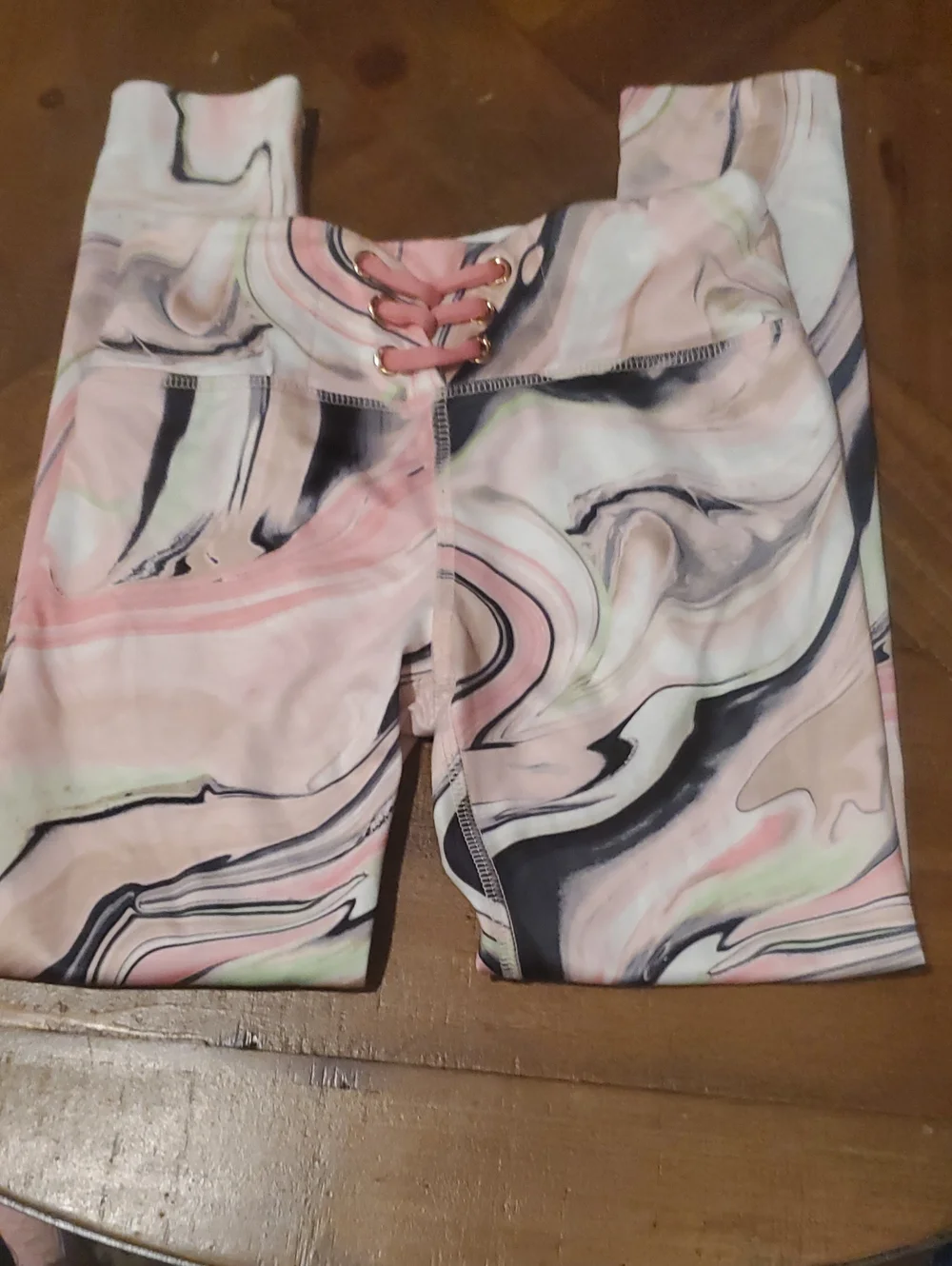 Justice Pink Marble Lace-Up Waist Leggings with Black & Mint Swirl